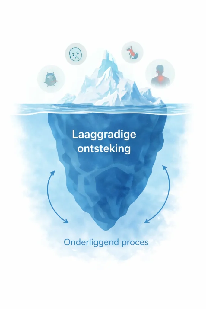 IJsbergmetafoor die laaggradige ontsteking toont als onderliggend proces achter zichtbare klachten zoals pijn, vermoeidheid en ziekte