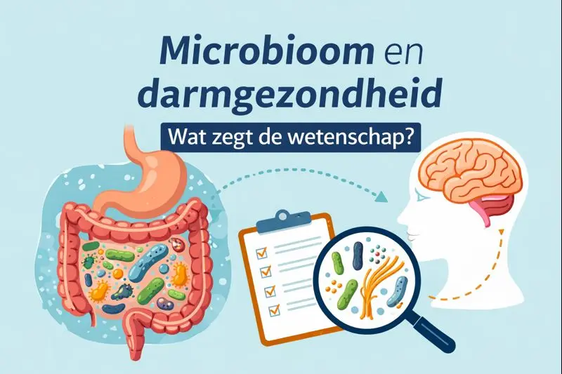 Microbioom en darmgezondheid: illustratie van darmbacteriën, spijsvertering en hersen-darm-as
